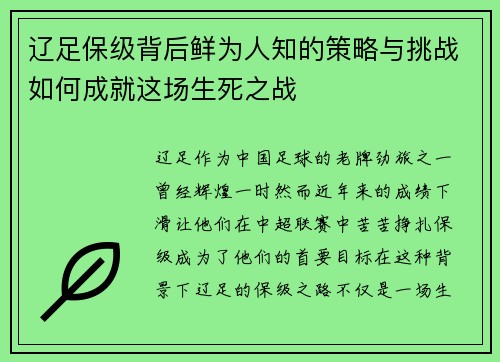 辽足保级背后鲜为人知的策略与挑战如何成就这场生死之战